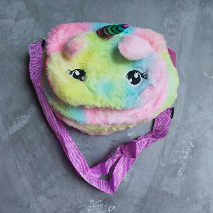 Gambar TAS SELEMPANG / TAS KARAKTER UNICORN BULU RAINBOW / WAIST BAG ANAK - Kuning Rainbow dari IMIC SHOP undefined Tokopedia