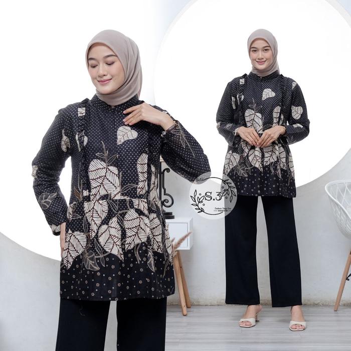 Gambar Blouse batik wanita panjang baju batik kerja kantor seragam batik - daun hitam, XL dari Batik 3 Putri undefined Tokopedia