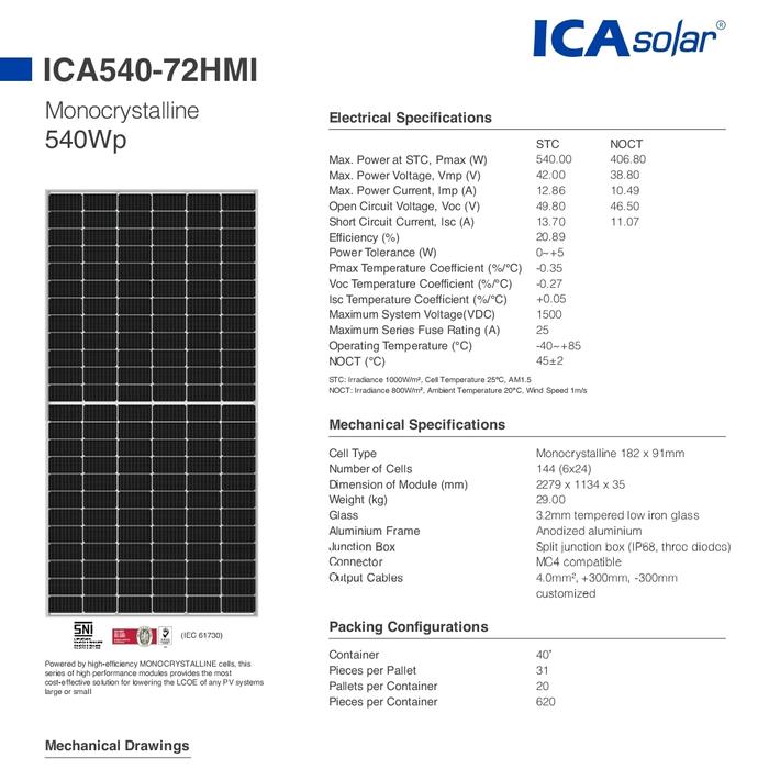 Panel Surya ICA Solar 540Wp 550Wp TKDN SNI Monocrystaline Half Cell MBB
