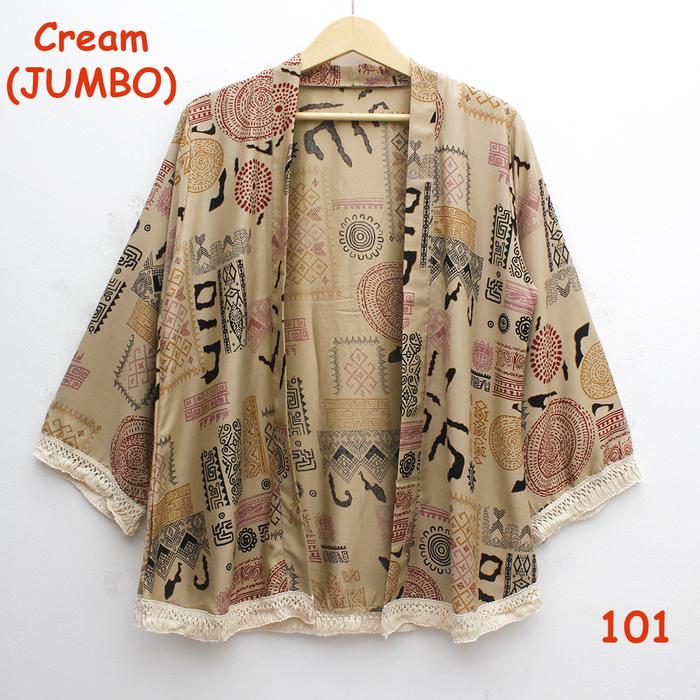 Gambar cardigan outter kimono katun batik motif tribal Etnic bohemian rustik - cream (JUMBO) dari Jumani Fashion Shop(JFS) undefined Tokopedia