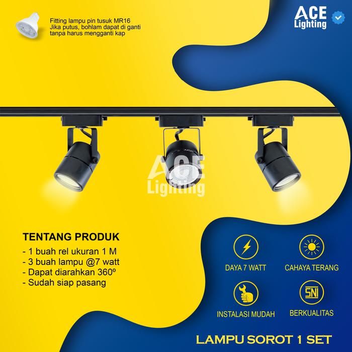 Gambar Lampu sorot plafon rel treklight spotlight satu set isi 3 lampu led - Bd Hitam, Kuning Warm dari ACE LIGHTING undefined Tokopedia