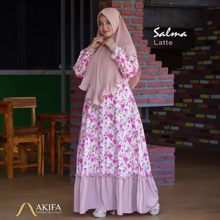 Gambar gamis katun jepang motif bunga murah set Khimar dewasa Akifa terbaru - latte dari MASHA hijab undefined Tokopedia
