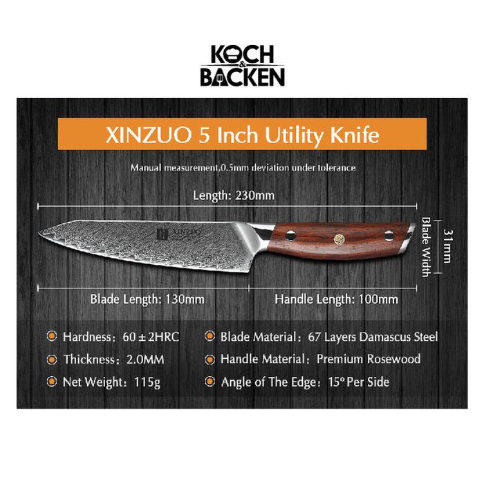 Gambar XINZUO B13R Damascus Steel Rose Wood Handle Series - Pisau Dapur - Utility Knife dari Koch&Backen undefined Tokopedia