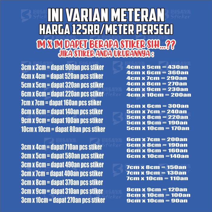 Gambar Custom Stiker, Custom Sticker, Potong Sesuai Pola, Bahan VINYL, PER-M2 - METERAN 1M x 1M dari BISAYA Sticker undefined Tokopedia