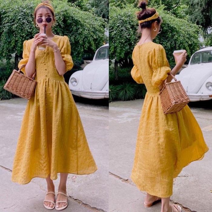 Gambar ANGELA DRESS KOREAN VINTAGE SUMMER LENGAN PANJANG MUSTARD WHITE - Mustard dari with.joyies undefined Tokopedia