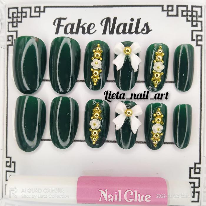 Gambar KUKU PALSU MURAH SIMPLE / FAKE NAIL / NAIL ART 3D WEDDING - hijau botol dari Lietanailart undefined Tokopedia