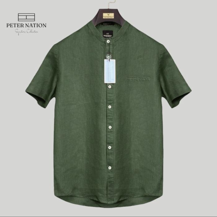 Gambar Kemeja pure linen peternation kerah sanghai lengam pendek all variant - Solid olive, XL dari PETERNATION undefined Tokopedia