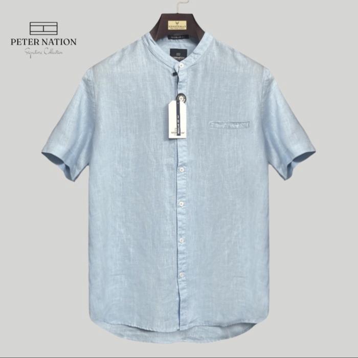 Gambar Kemeja pure linen peternation kerah sanghai lengam pendek all variant - Baby blue, 2XL dari PETERNATION undefined Tokopedia