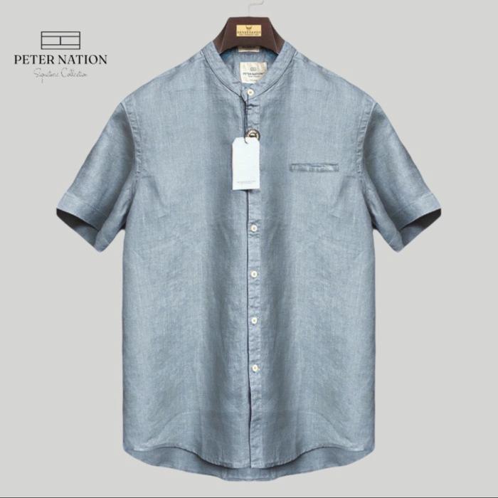 Gambar Kemeja pure linen peternation kerah sanghai lengam pendek all variant - Cadet grey, XL dari PETERNATION undefined Tokopedia
