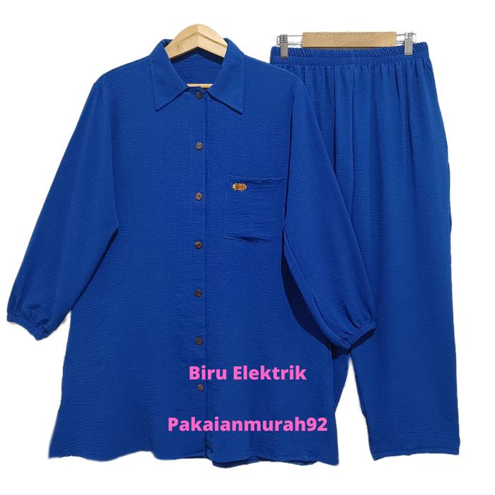 Gambar Tunik Oneset Bahan Crinkle Premium Lengan Panjang/ Setelan Wanita - Biru Elektrik dari PAKAIANMURAH92 undefined Tokopedia