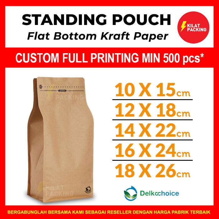 Gambar STANDING POUCH FLAT BOTTOM KRAFT PAPER / KEMASAN SNACK TERMURAH SATUAN - 14CM X 22CM dari kilat packing undefined Tokopedia