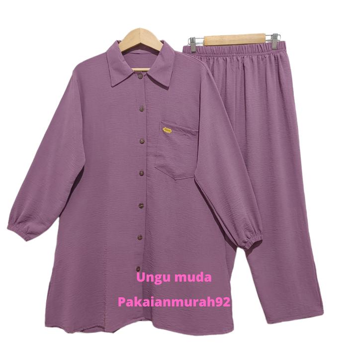 Gambar Tunik Oneset Bahan Crinkle Premium Lengan Panjang/ Setelan Wanita - Ungu muda dari PAKAIANMURAH92 undefined Tokopedia