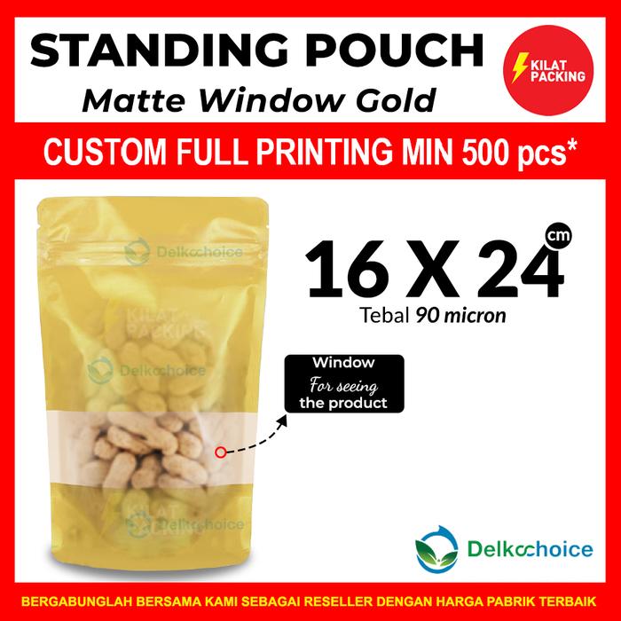 Gambar STANDING POUCH MATTE WINDOW GOLD / PLASTIK KEMASAN SNACK MURAH 16x24 dari kilat packing undefined Tokopedia