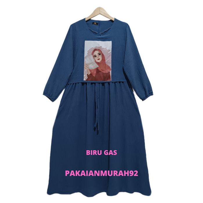 Gambar Gamis Sablon Maxi / Gamis Crinkle Airflow /Dress Sablon motif Muslimah - Biru gas, Motif 1 dari PAKAIANMURAH92 undefined Tokopedia