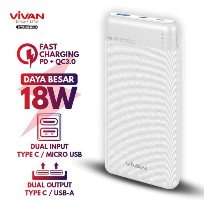 Gambar Powerbank VIVAN VPB-M10 10.000mAh Dual Input & Dual Output PD+QC3.0 - Putih dari TOKUSELON undefined Tokopedia