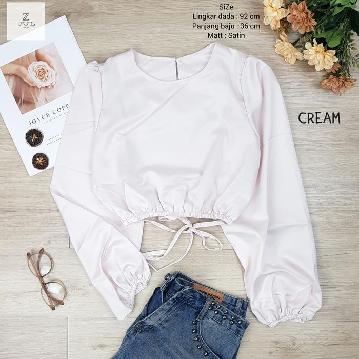 Gambar Crop Top wanita model korea lengan balon kombinasi tali pinggang - cream dari @powder_su.galaxyfit undefined Tokopedia