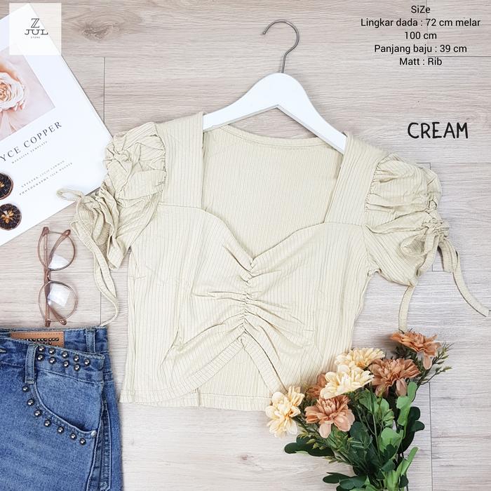 Gambar Baju Crop wanita kerut model Korean dan Tali di Lengan Matt Knit - Cream dari @powder_su.galaxyfit undefined Tokopedia