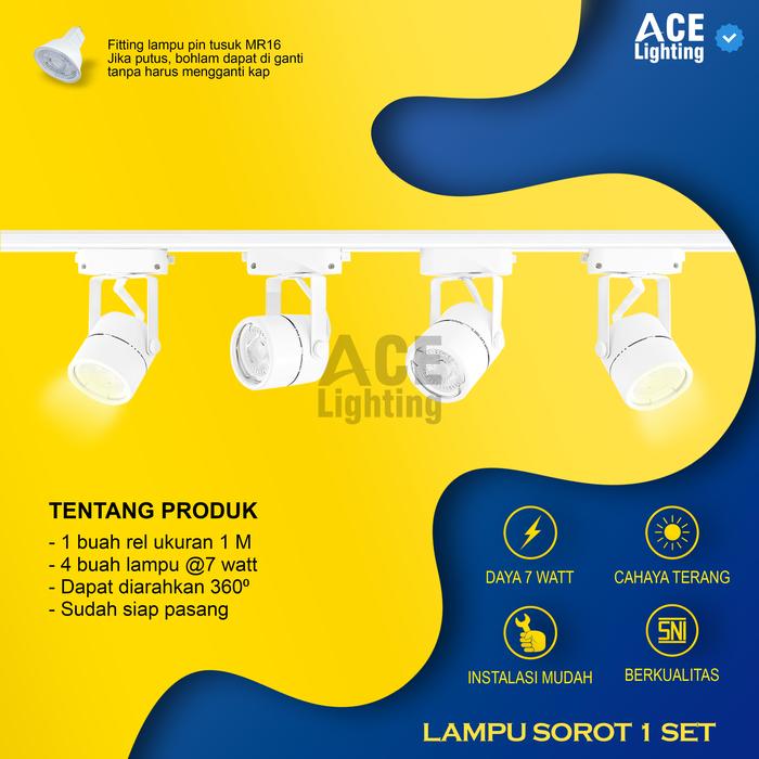 Gambar Lampu sorot treklight 1 set isi 4 spotlight rell lampu sorot rel track - Body Putih, Putih White dari ACE LIGHTING undefined Tokopedia