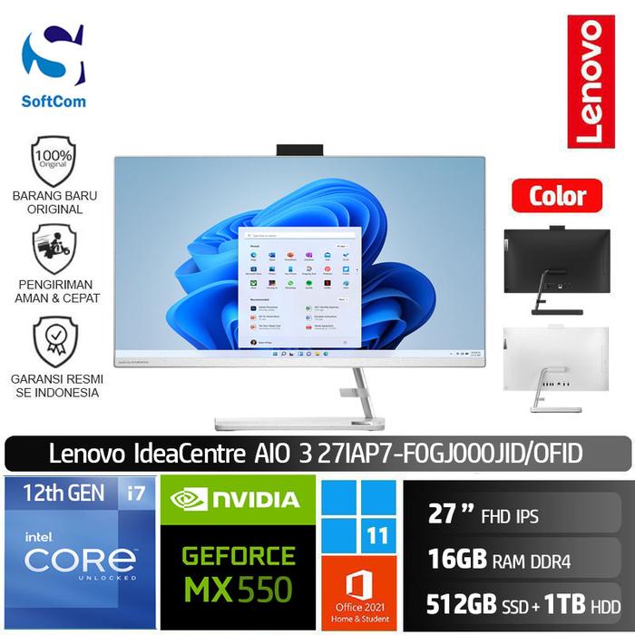 Gambar PC Lenovo IC AIO 3 0JID 0FID i7 1260P/16GB/512GB SSD+1TB HDD/MX550/W11 - White-0JID dari SOFTCOM Official Store undefined Tokopedia