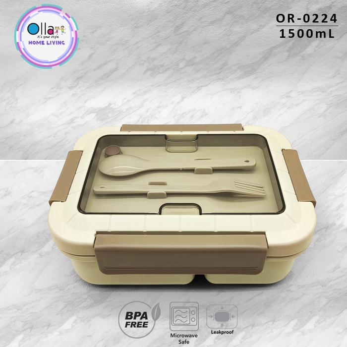 Gambar Lunchbox Set 3 Sekat Microwavable 1500 ml Anti Tumpah + Sendok - Bpa Free - OR 0224 - Olive dari Ollahomeliving undefined Tokopedia