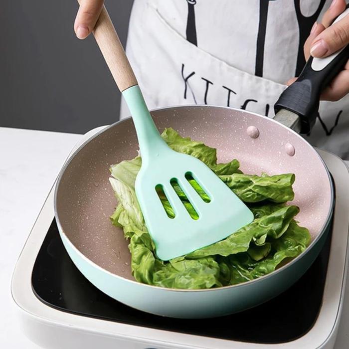 Gambar Sutil Silikon Masak Penggorengan Teflon Anti Gores MPASI Bayi Spatula Slotted Turner Gagang Kayu Anti Panas dan Bakteri - Slotted Turned dari Pumpkin Babies undefined Tokopedia