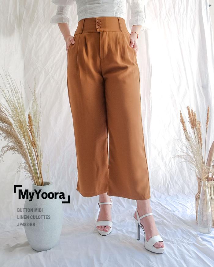 MyYoora Button Midi Linen Culottes Celana Wanita JP483 Brown