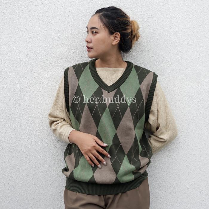 Gambar Knit Vest Wanita Pria by HB Rompi Rajut Trendy Motif Kotak-Kotak - Teverde, M dari Her Buddy's undefined Tokopedia