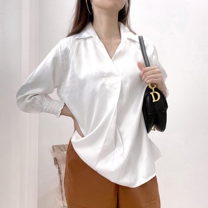 Gambar Blouse Satin Impor Kemeja Wanita Lengan Panjang - Putih, L dari Encikindo_Shop undefined Tokopedia