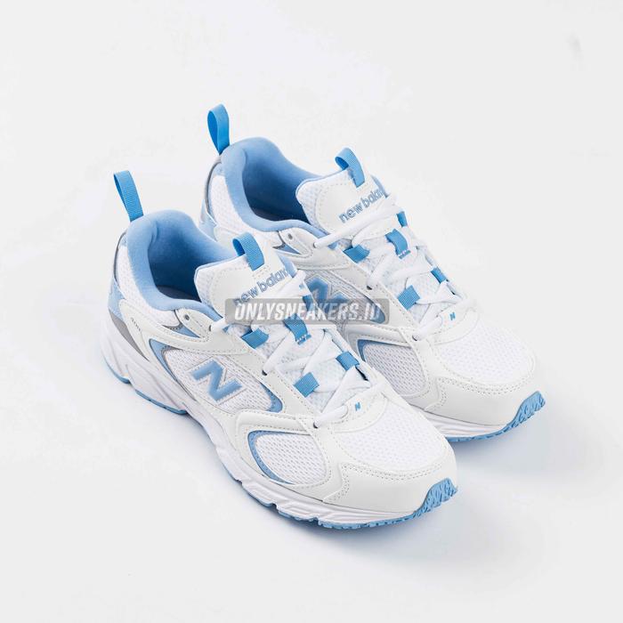 new balance 408 trainers in white and light blue