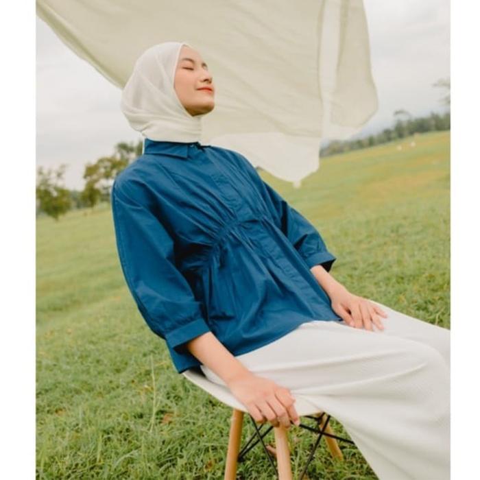 Gambar Kemeja Linen Oversize Wanita Lengan Panjang Jumbo Shirt Basic Fashion - Teal Blue dari zilion_store undefined Tokopedia