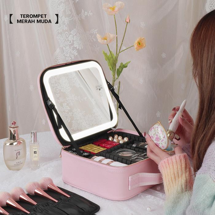 Gambar MELEDE Tas Makeup Lampu LED Rias Cermin /Tas Kosmetik Beauty Case - Merah muda S dari MELEDE undefined Tokopedia