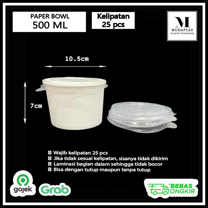 Gambar Paper Bowl 500 ml 16 Oz Mangkok Kertas 500 ml Tahan Panas - Putih, Dengan Tutup dari Mudaplas undefined Tokopedia