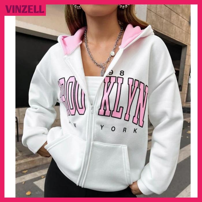 Gambar jaket zipper hoodie wanita oversize Korean style kombinasi 2 warna 5XL - PUTIH BABY PINK, S dari VINZELL undefined Tokopedia