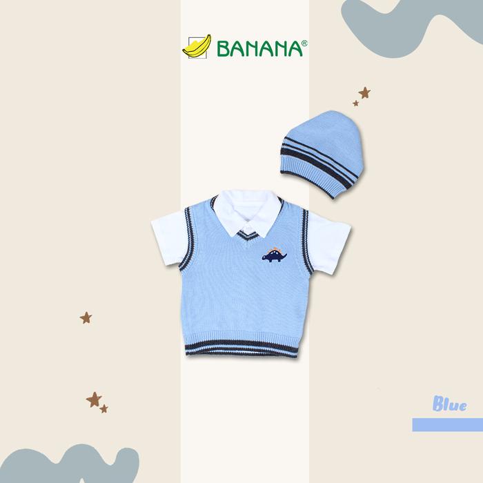 Gambar BANANA Setelan Rompi Rajut Bayi Laki - Laki Bordir Dino + Topi - Biru Muda, S dari BANANA Official Store Kota Administrasi Jakarta Timur Tokopedia