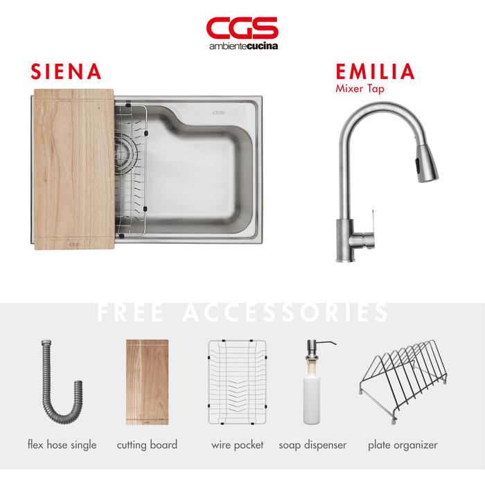 Gambar Kitchen Sink Bak Cuci Piring Dapur Stainless Steel 1 Lubang CGS SIENA Workstation Sink - Paket Kitchen Sink dan Keran Dapur Topmount 2 - Emilia Chrome dari CGS Indonesia undefined Tokopedia