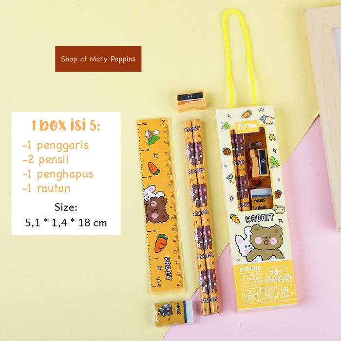 Gambar Paket Alat Tulis 1 Set isi 5pcs: Pensil Penggaris Penghapus Rautan - Bear Kuning dari Shop Mary Poppins undefined Tokopedia