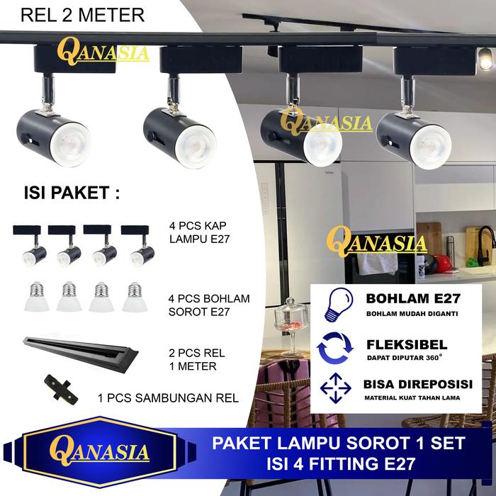 Gambar Paket Lampu Sorot 1 set isi 4 + Rel 2M LED Track Light Rel Spotlight - 3W WHITE, E27 PUTIH dari Qanasia undefined Tokopedia