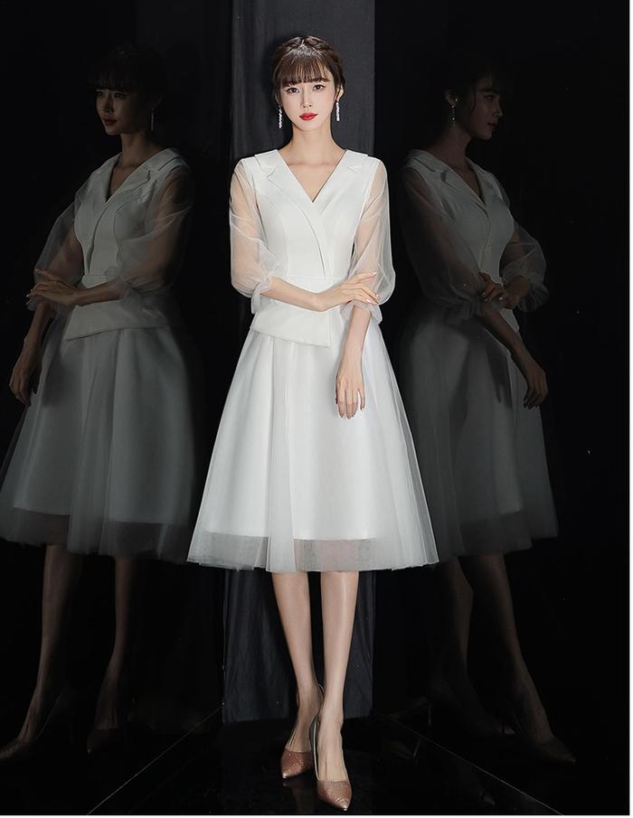 Jual Gaun Pesta 2305007 Putih Lengan Siku V Neck Party Dress XXL