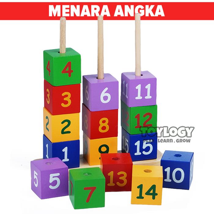 Gambar Mainan Kayu Edukasi Anak Menara Balok Angka Susun Kubus Stacking Tower dari Toylogy undefined Tokopedia