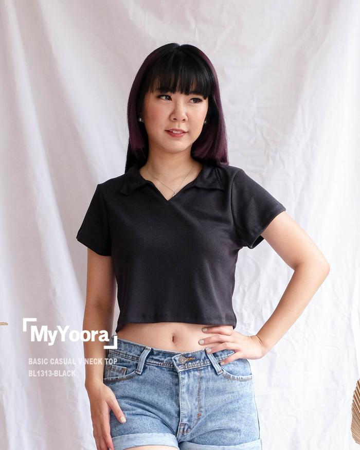 Gambar MyYoora Basic Casual V Neck Top G29 BL1313 Atasan Wanita Kekinian Panjang 42 cm Nyaman - Black dari MyYoora Shop undefined Tokopedia