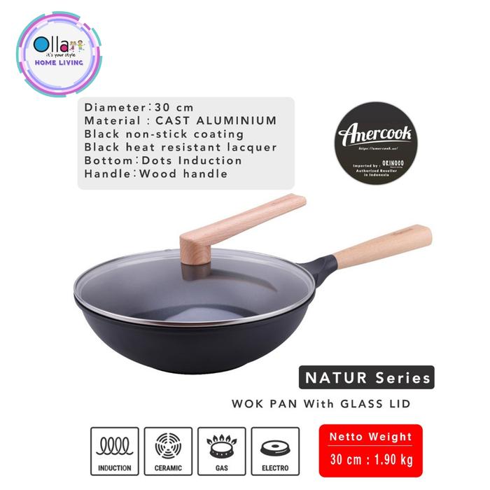 Gambar Wajan Sauce Pan + Tutup Amercook Natur Series Handle Kayu Anti Lengket - Wok pan 30cm dari Ollahomeliving undefined Tokopedia