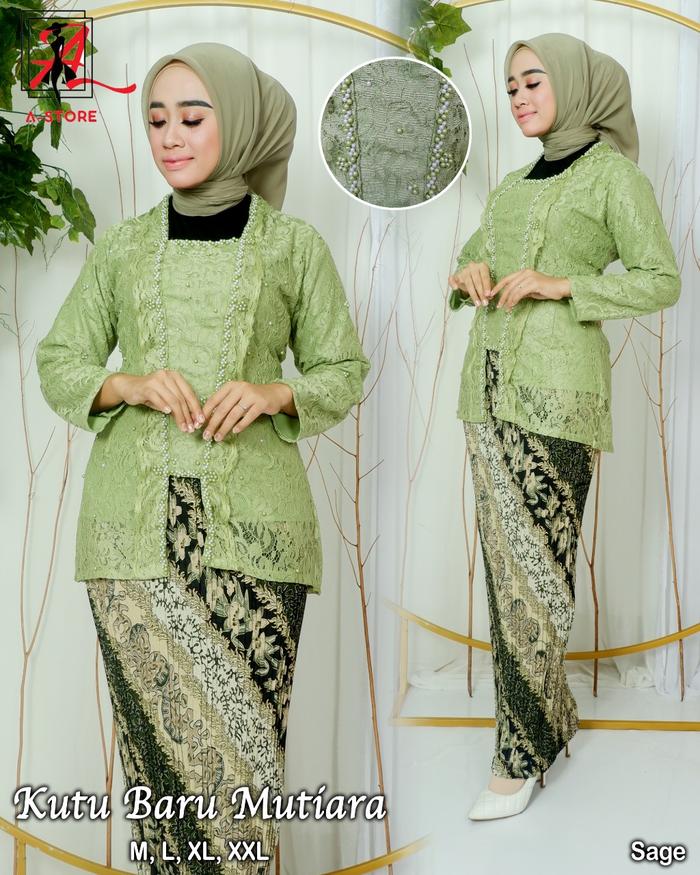 Gambar Setelan Kebaya Brukat Mutiara Model Kutu Baru Warna Cream - sage, XXL dari KEBAYANICE undefined Tokopedia