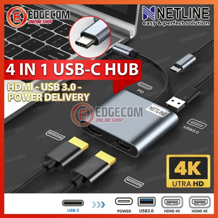 Gambar NETLINE HUB 4 in 1 USB Type C to Dual HDMI , Power Delivery , USB 3.0 - 4IN1 dari Edgecom undefined Tokopedia