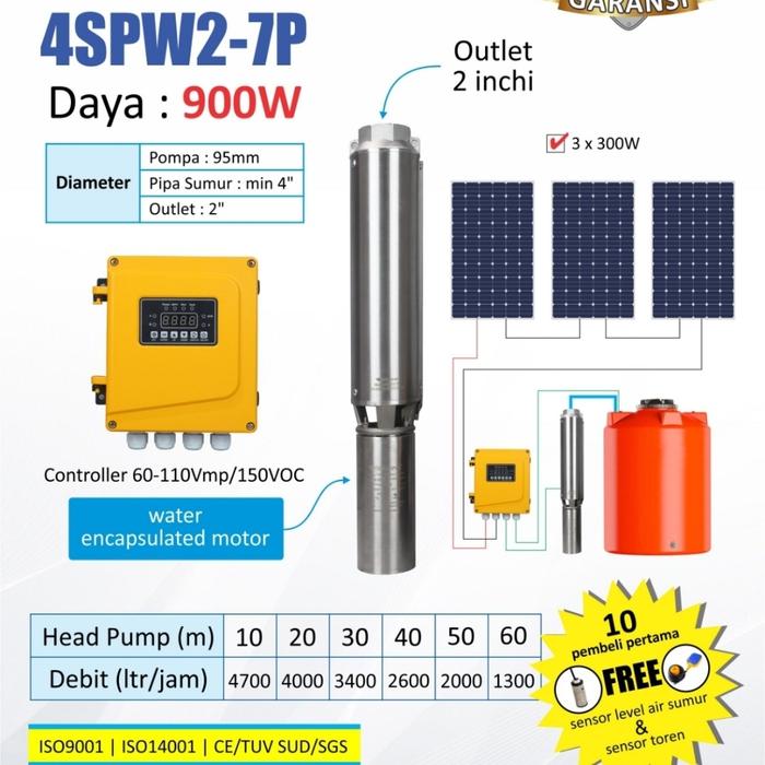 Solana Pompa Air Satelit Submersible Pump Tenaga Surya DC 900W 600W 300W Kedalaman 50M 60M  Outlet 2" Sensor Level Air Sumur & Touren - Pompa 900W