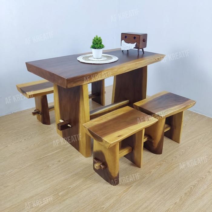 Gambar Meja Makan Kayu Trembesi 4 Kursi Solid Suar Wood Alami Cafe AF15 dari Hasna Furniture Indonesia undefined Tokopedia