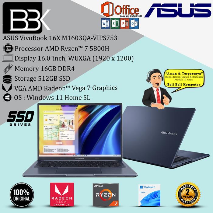 Asus Vivobook 16x M1603qa-vips753 Ryzen 5800h 16gb 512gb Ssd W11hsl