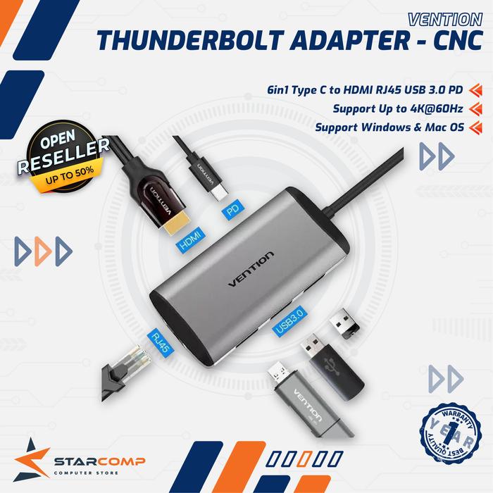 Gambar Vention 6in1 Adapter Thunderbolt 3.0 USB C to HDMI RJ45 USB 3.0 PD CNC dari Starcomp Origin undefined Tokopedia
