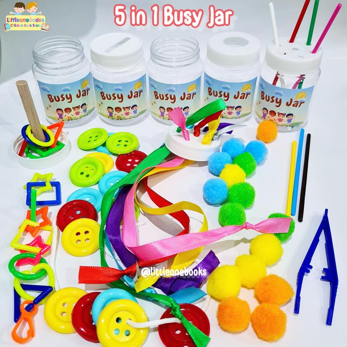 Gambar 5 in 1 busy jar / mainan edukasi anak melatih motorik halus / pom pom dari Littleonebooks undefined Tokopedia