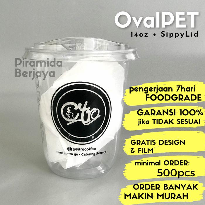 Gambar Sablon Oval Cup 14 oz PET + Tutup Anti Bocor - U14+Strawless, 1000pcs dari Piramida Berjaya undefined Tokopedia