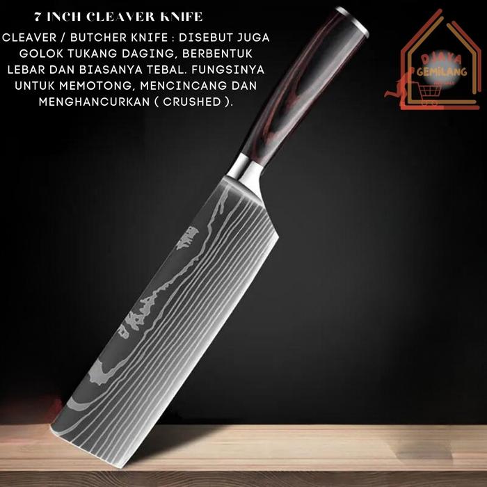 Gambar Pisau Set 8 in 1  Japanese 7CR17 440C High Carbon Stainless Steel Damascus Laser Pattern Dapur Kayu Knife Kitchenware Kitchenware - 7" Cleaver dari Gemilang Djaya Store undefined Tokopedia
